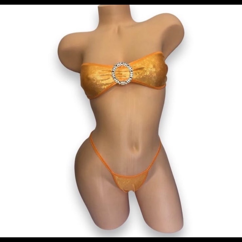 Orange Bandeau Stripper Bikini with Rhinestone Detail